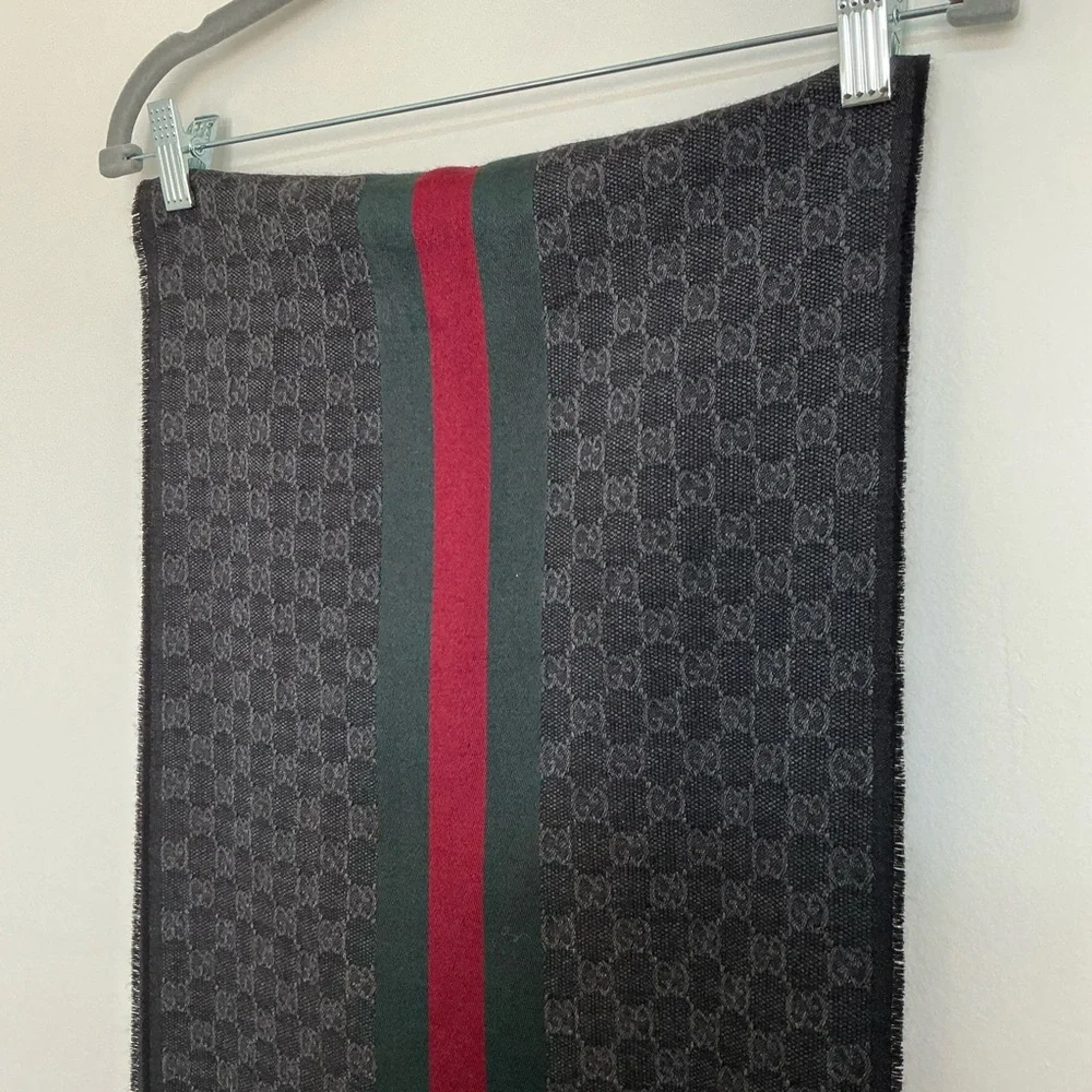 Gucci Black Wool Logo Scarf with Green Red Stripe Wool Blend Scarf